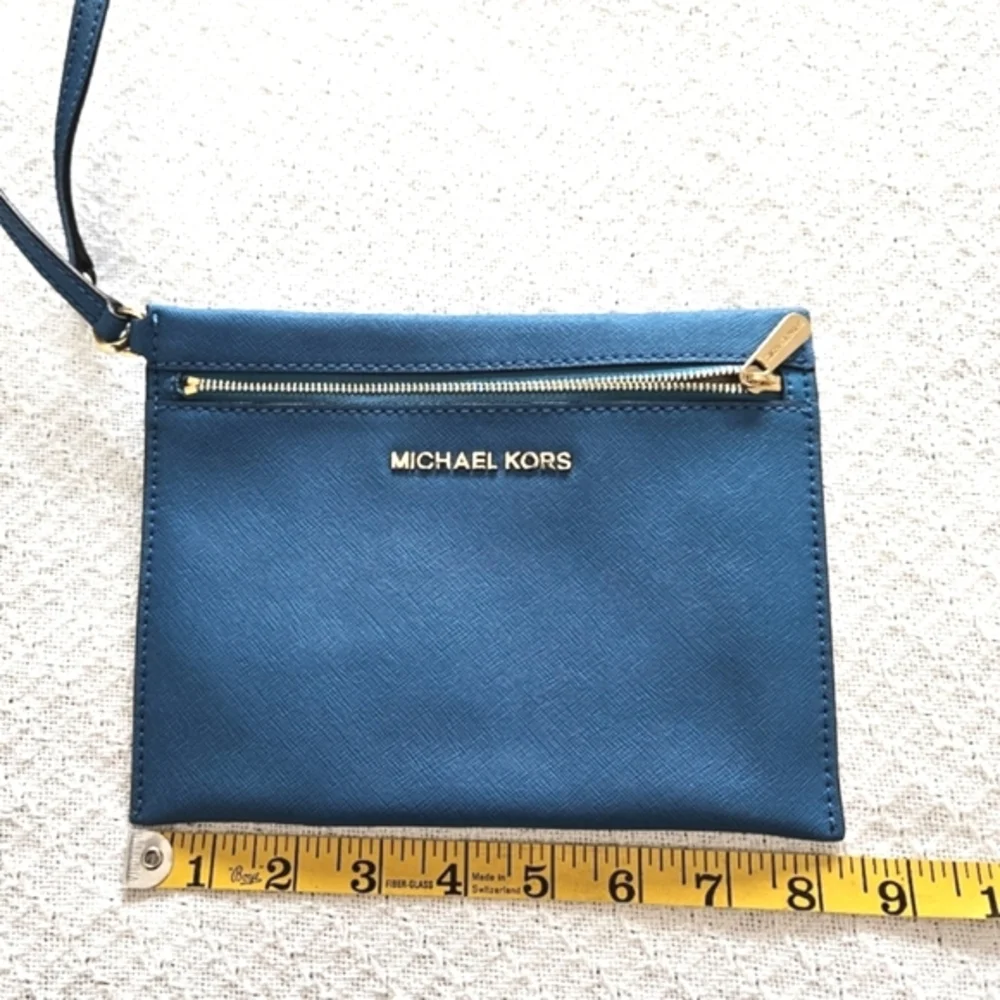Michael Kors Teal Blue Saffiano Leather Wristlet Pouch Gold Hardware Zipper Bag
